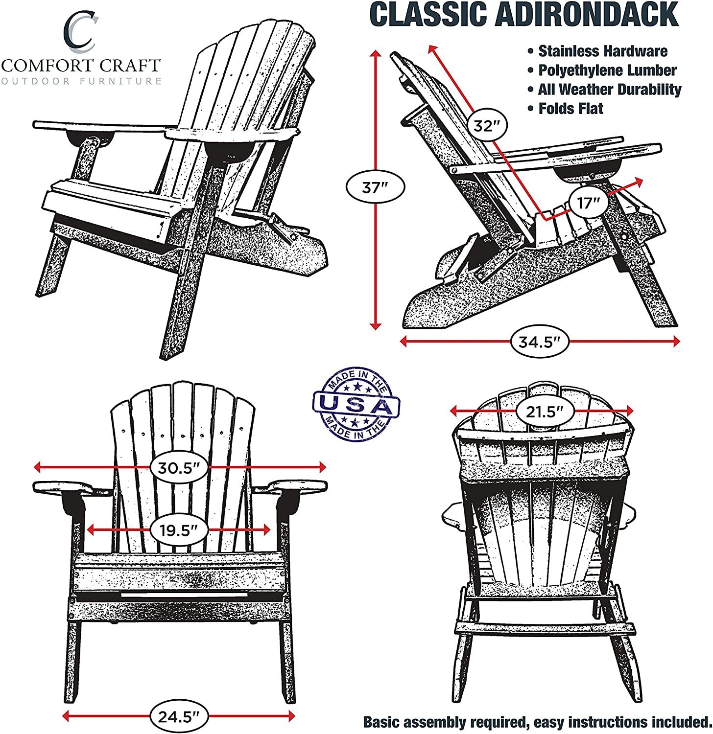 Dimensions for the Classic Adirondack ChairDimensions for the Classic Adirondack Polylumber Chair