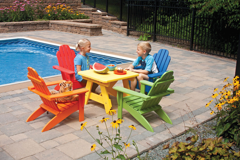This rainbow dining set for kids is fun and functional. Comfort Craft Outdoor Furniture has table and chair sets for children.